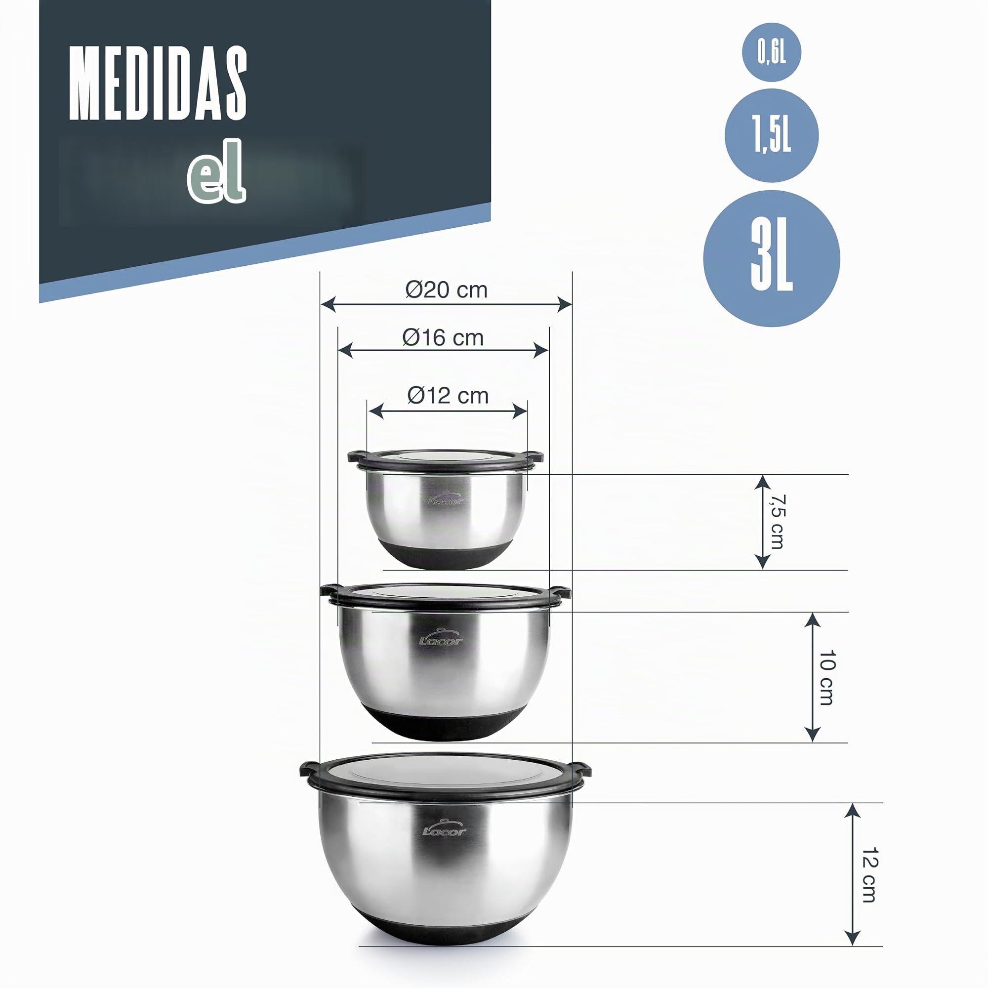 LACOR 60049 - Set 3 boles Adapt, Apilables, Con tapa hermética - Cocina | En acero inox 18/10, listo para el uso diario en cocina; cierre hermético, apilable, ahorra espacio, para tu cocina cada día