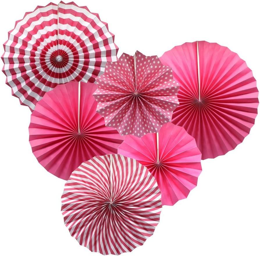 Image of 6 pcs Pink Hanging Paper Fans for Party Decoration Colorful Patterns Party Fans for Birthday Anniversary Bridal Shower Baby Shower Christmas Diwali & Wedding Decor (Pack of 6, Pink)
