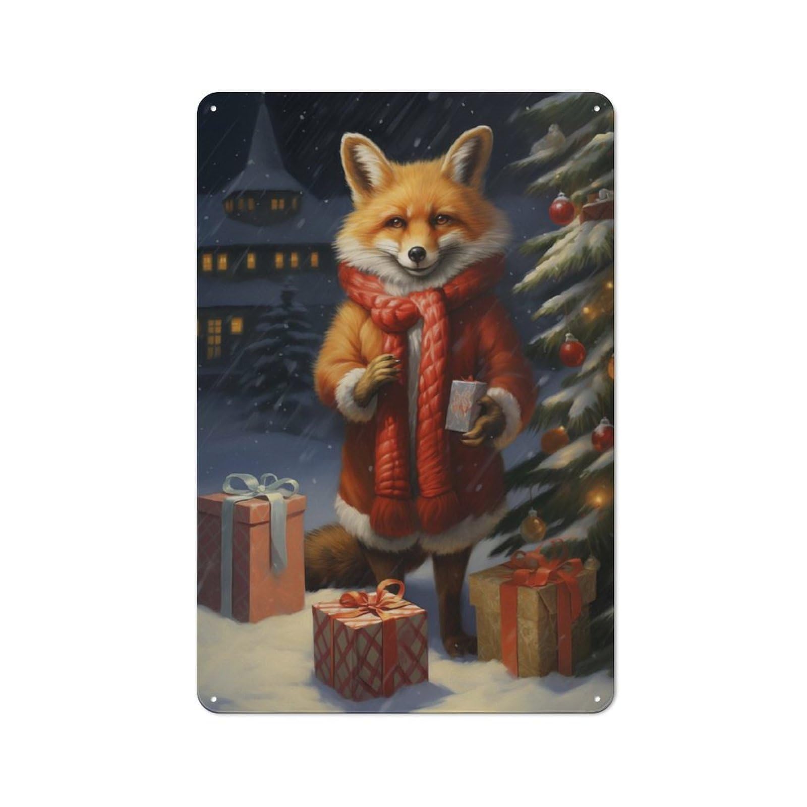 Junmoney Fox Christmas Metal Wall Sign 30X20cm Featuring For Home Bar Wall, For Themed Interiors In Home Bars And Entertaining Spaces