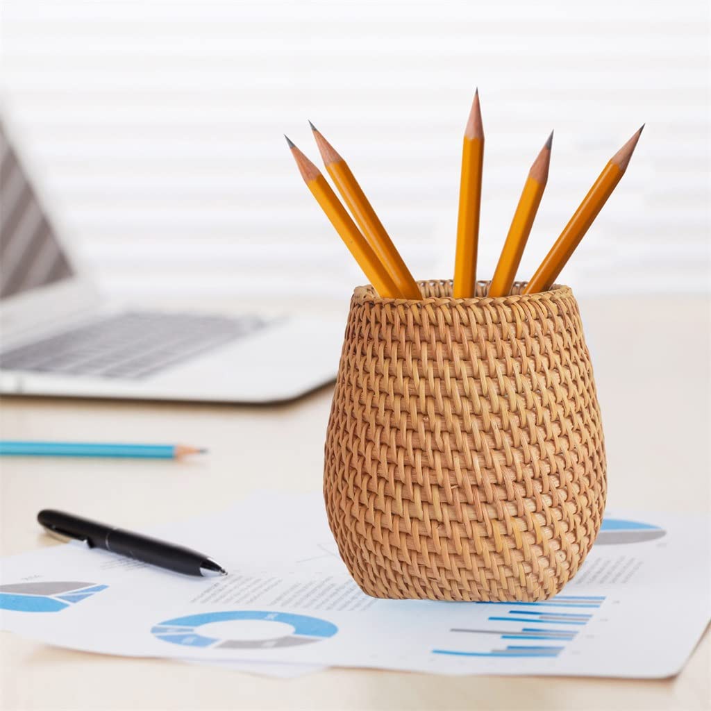 Portapenne fatto a mano in legno intrecciato a mano in rattan di vigna Contenitore di cancelleria Scatola di immagazzinaggio Organizzatore Scrivania da ufficio(C)