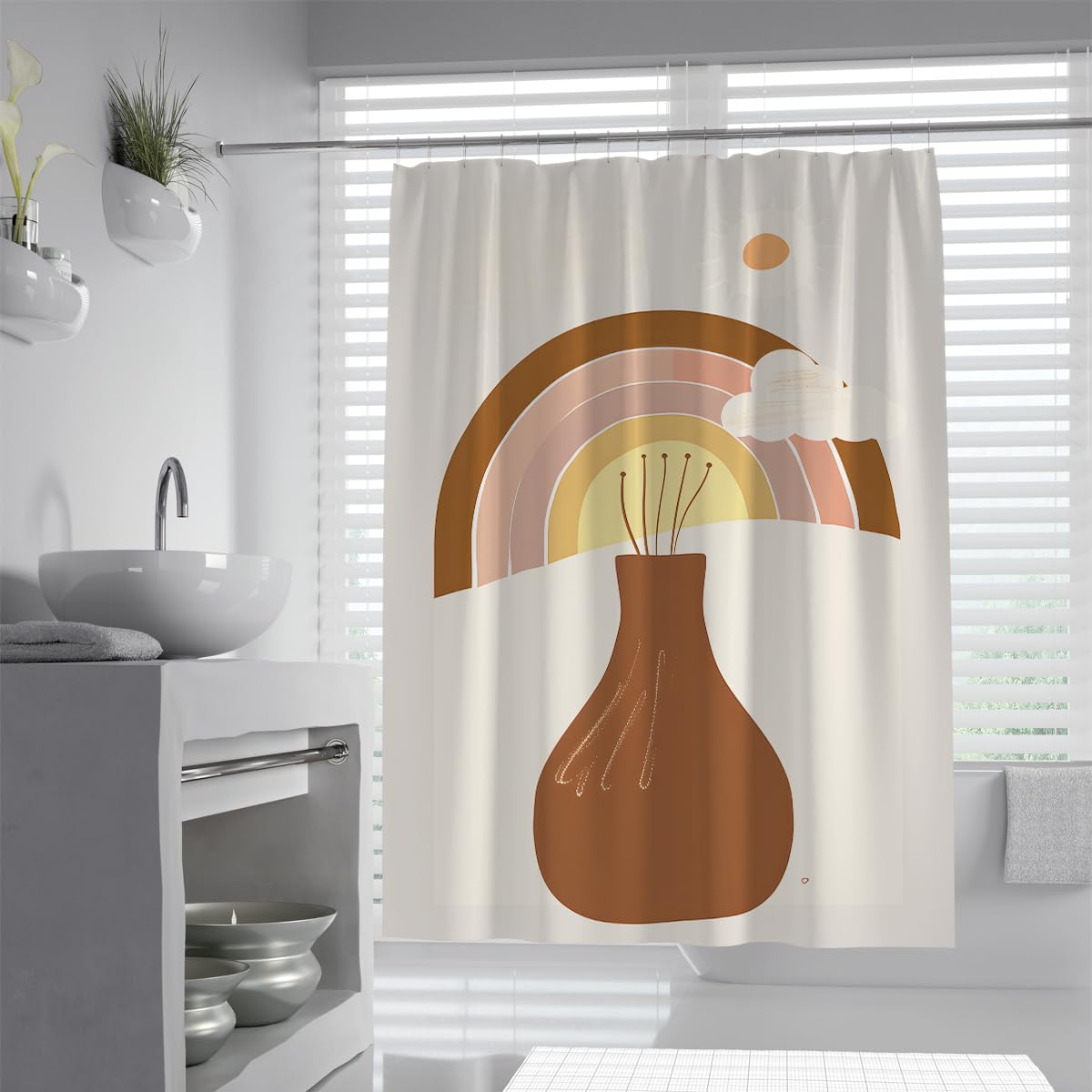 UIRINGART Boho Shower Curtain W180xL200cm Terracotta Vase Rainbow Art with Rustproof Grommets Mould Proof Polyester Fabric Lightweight Bathroom Wet Room Tub