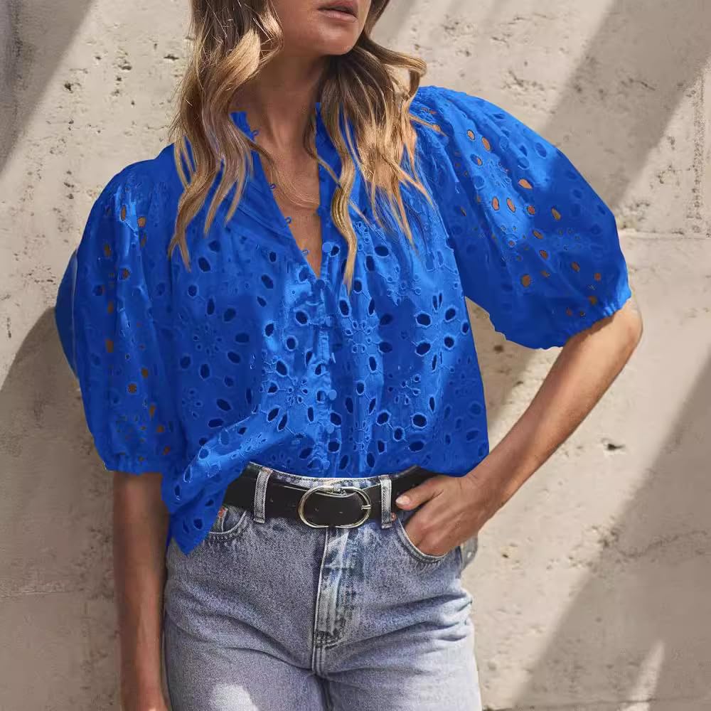 Women's Summer Tops Dressy Casual Hollow out Embroidered Blouse Short Lantern Sleeve V Neck Buttons Shirts
