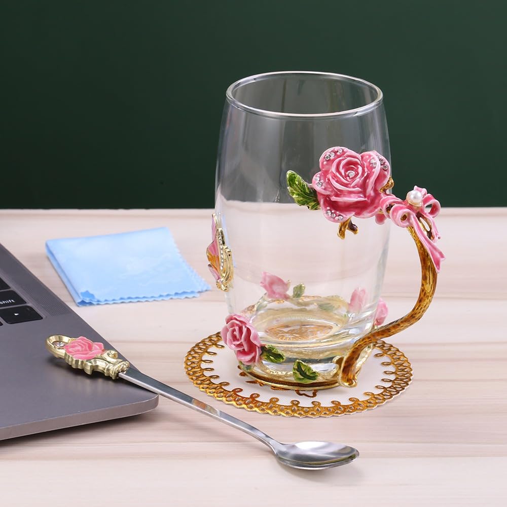 Fancy Tea Cups Glass Coffee Mugs,Glass Cups with Spoon Set,Send Coaster Cleaning Cloth Rose Flower Enamel Design Birthday Wedding Gift(Tall,Pink)