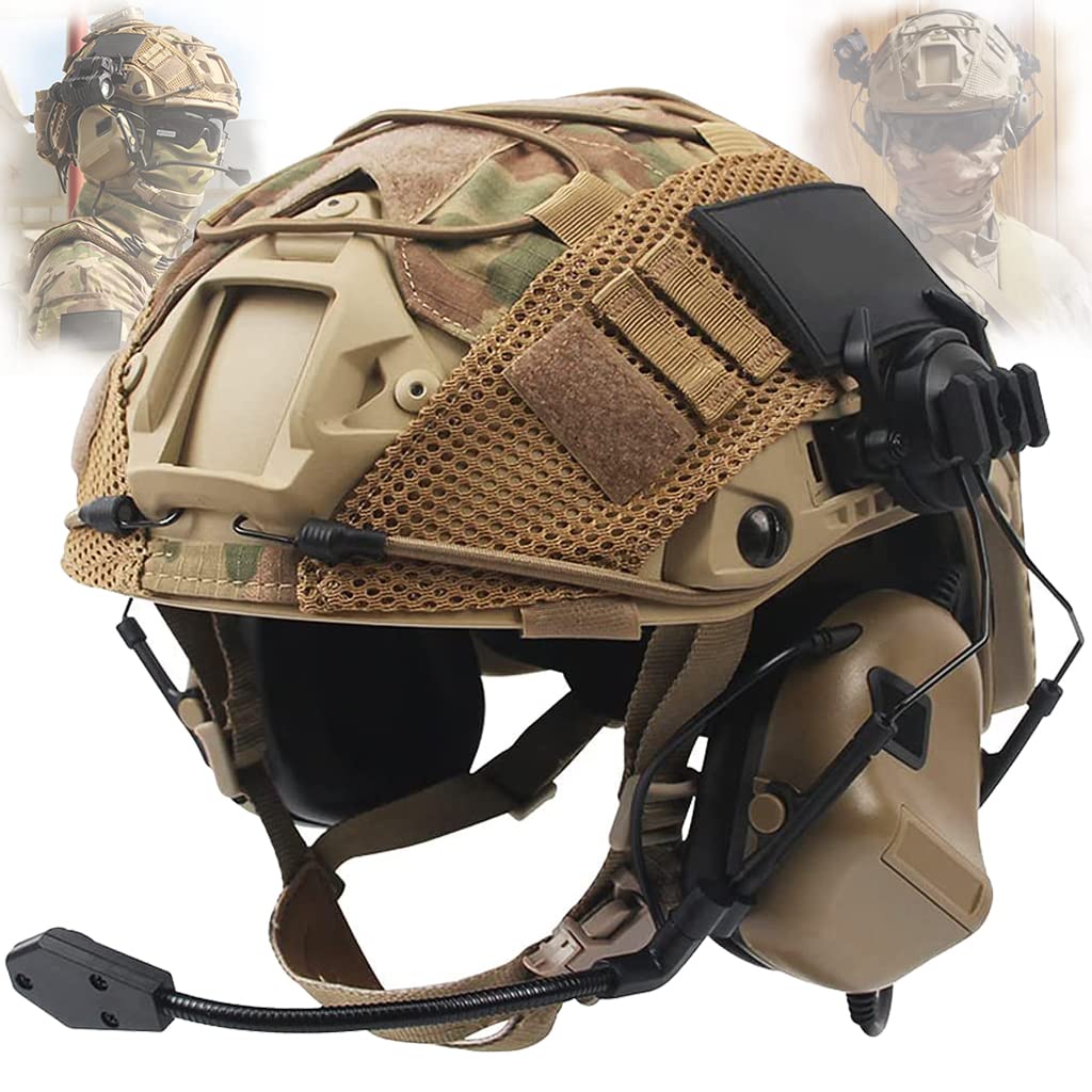 Taktischer Helm Set mit Multicam Airsoft Helm Abdeckung & Militär Headset Adjustable Taktik Fast Protection Helm für Draussen Paintball CS Jagd BBS Spiel