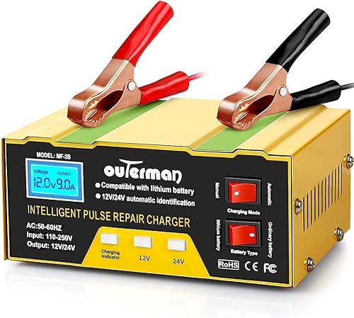 Outerman Cargador de batería de coche 12V 24V Cargador de batería de litio, Mantenedor de cargador de batería automático para coche, barco,