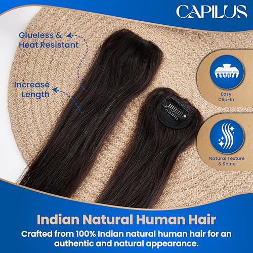 Image of Capilus Invisible Hair Patch (Natural Black, 12 Inch 1 Pack) | 100% Indian Human Hair Extensions for Women & Girls | Natural-Looking Volumizer | Undetectable, Durable & Non-Damaging Clip Mechanism