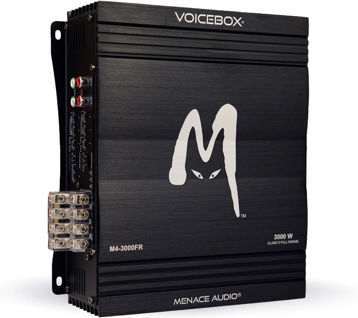 Front view of the MENACE AUDIO M4-3000 3000W Class D Full Range Amplifier.