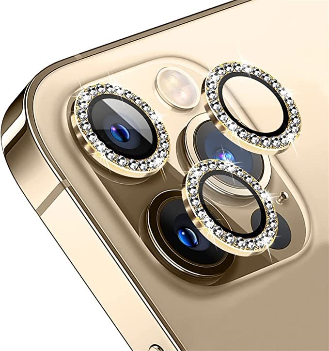 MAYA BALLE® Diamond Camera Lens Protector Compatible for iPhone 12 Pro Max, [Anti-Scratch] Premium Tempered Glass Film Aluminum Alloy Lens Ring Cover-Gold Diamond