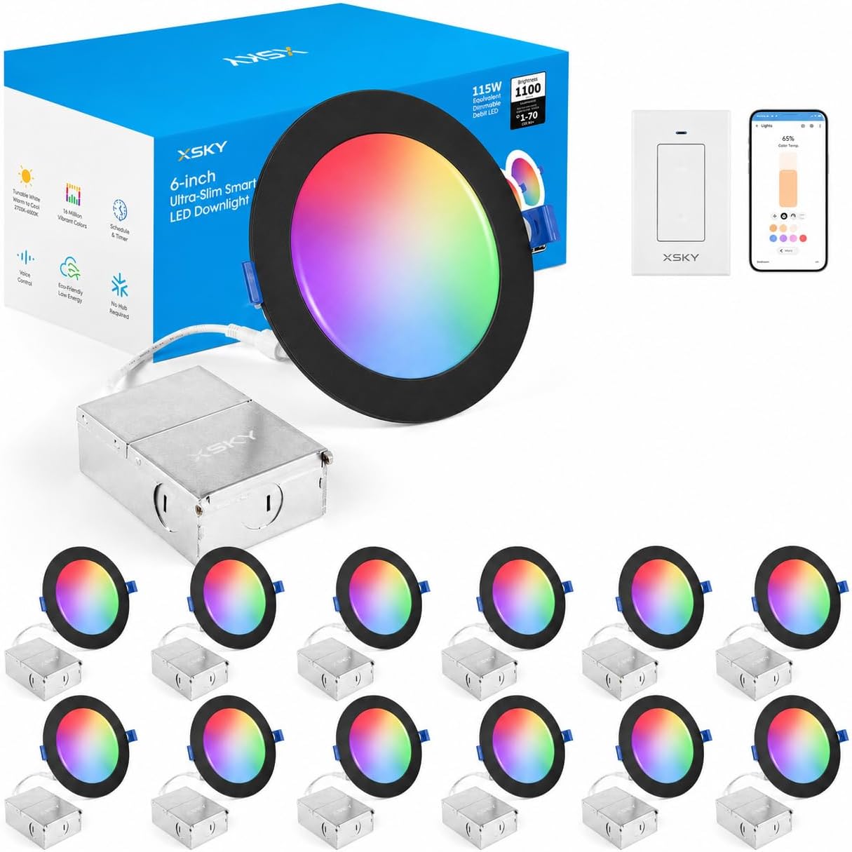 Xsky Smart Recessed Lighting 6 inch 12 Pack, Black Trim, Dimmer Switch Include, Zigbee 3.0 Light, RGBW Dimmable, Downlight, Compatible with Alexa, Home Assistant, SmartThings,16 Million Colors