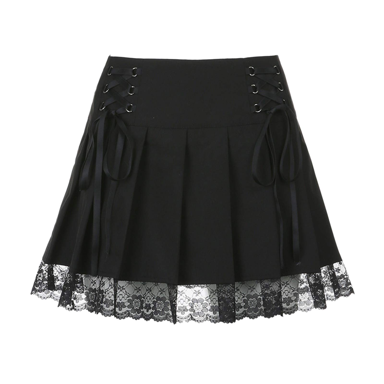 Women Lace Patchwork Mini Pleated Skirts High Waist Lace Up Ruffle Short Skirts Harajuku Goth Skirt: Large Black