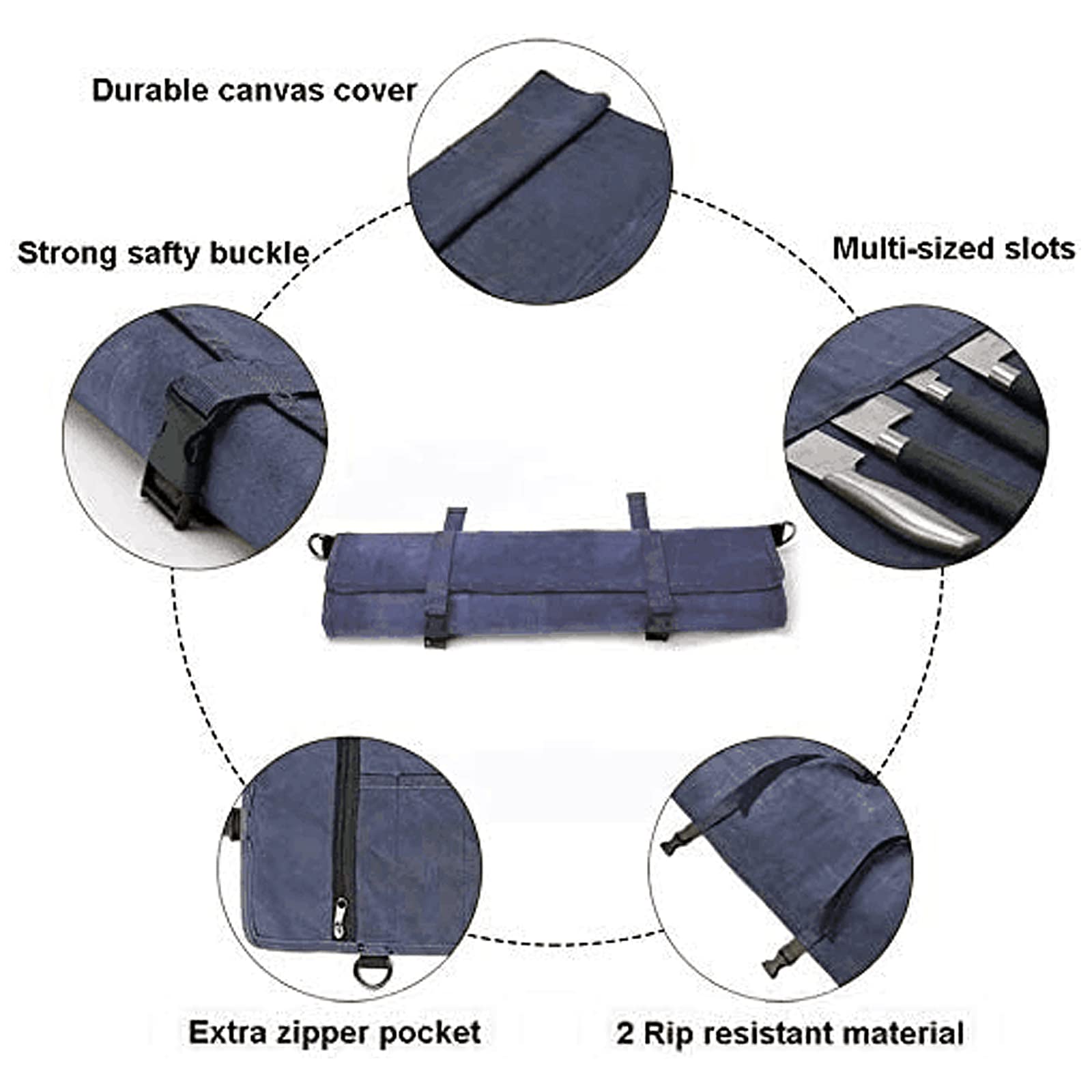 HERSENT - Bolsa Enrollable para Cuchillos de Chef de Lona Encerada, Portador de Cuchillos de Chef portátil, Soportes para Cuchillos con 10 Ranuras más 1 Bolsillo con Cremallera Que Puede Contener