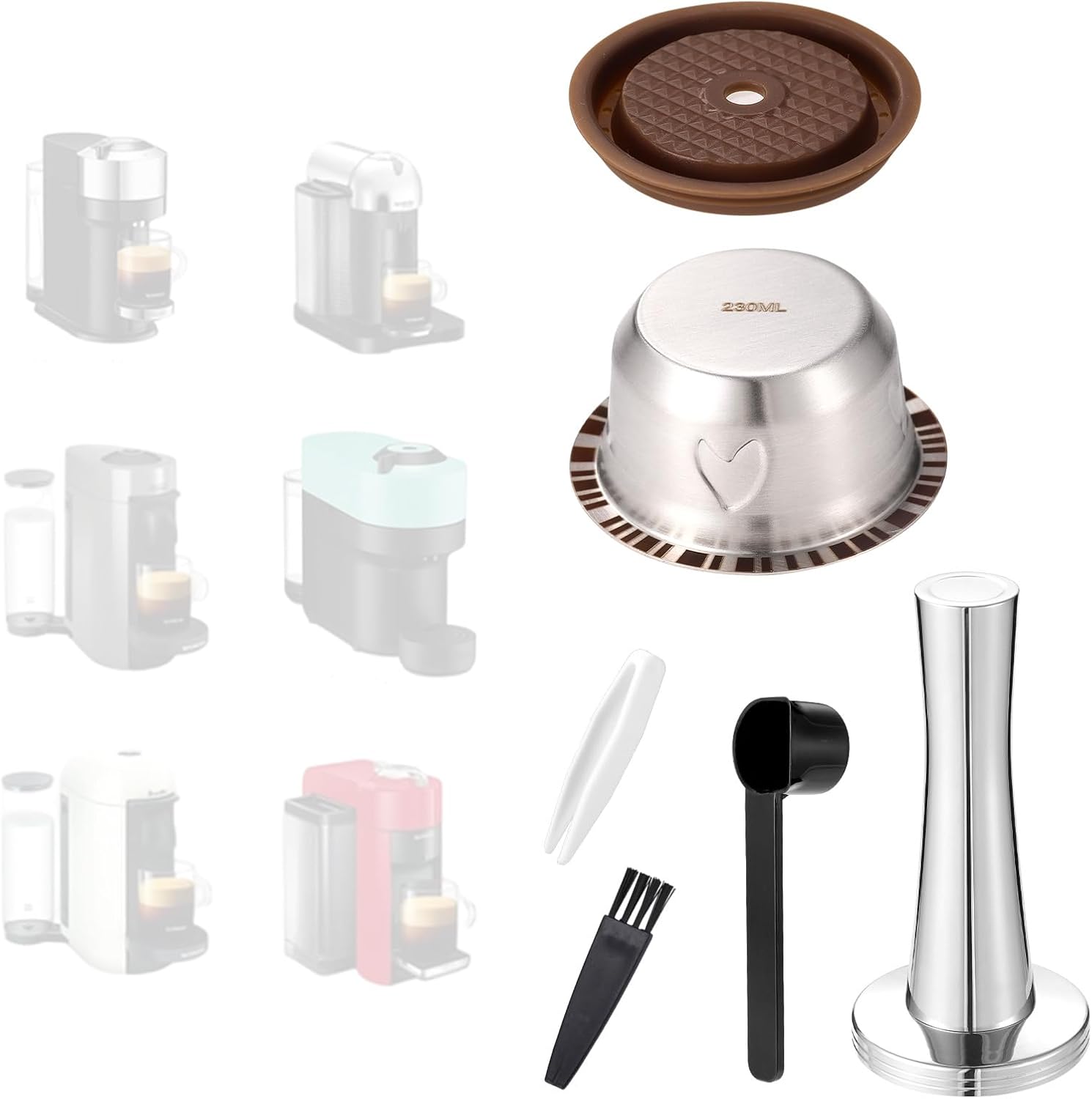 XIHIRCD 230ml Reusable Pods for Nespresso Vertuo, Stainless Steel Refillable Coffee Capsule Set with Silicone Lid Spoon Brush Tweezers & Tamping Hammer Coffee Accessories Compatible with Nespresso