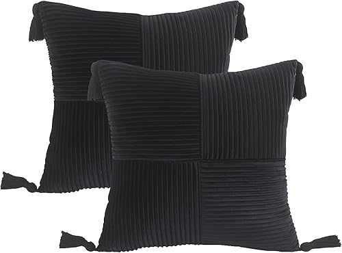 Holibeat Fundas de almohada decorativas con borlas de 18 x 18 pulgadas con barras rectas para sofá cama, terciopelo suave arrugado, decoración del