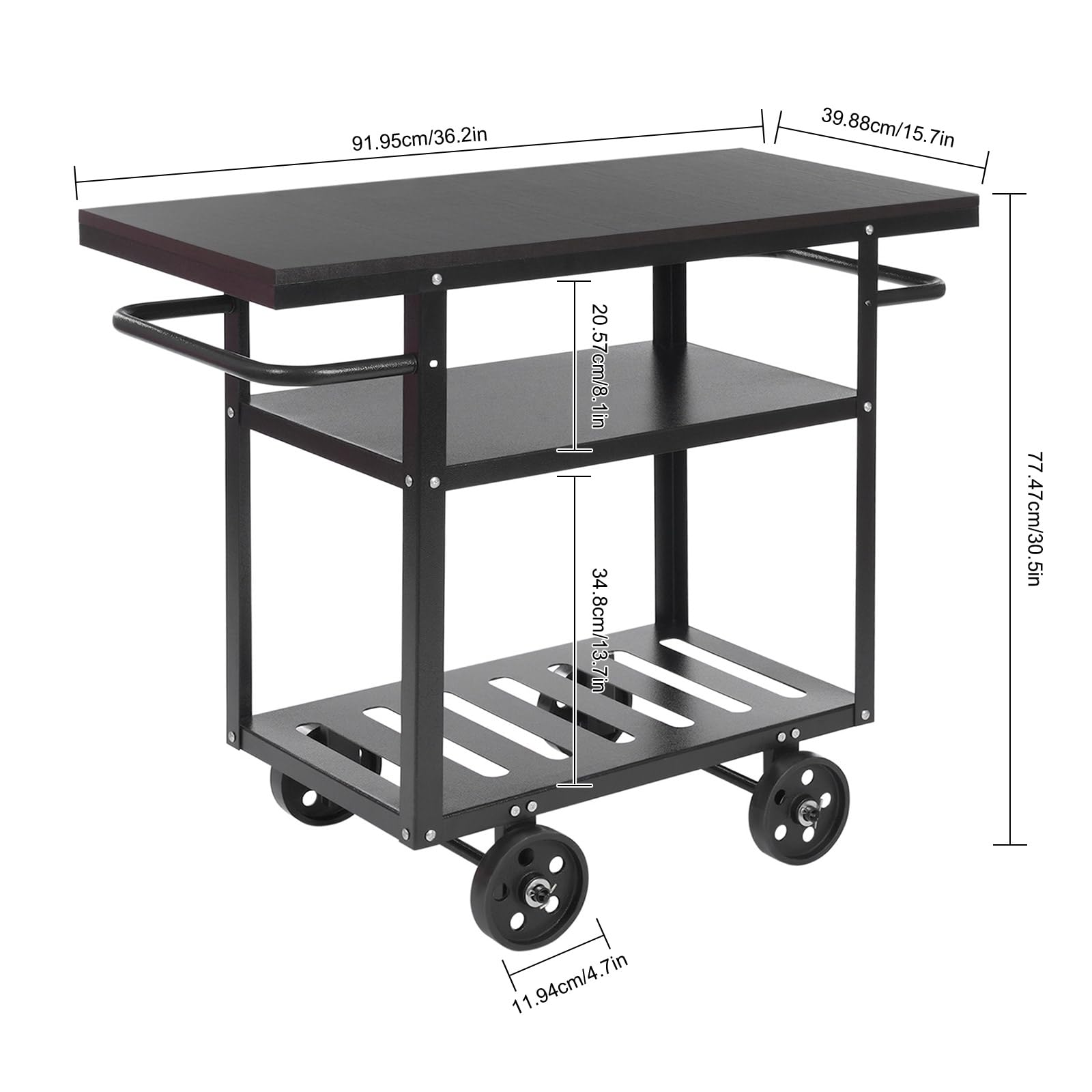 Carrello da servizio con ruote in acciaio al carbonio, carrello da cucina a 3 ripiani, 92 x 40 x 78 cm, carrello da portata fino a 60 kg, per sala da pranzo, ristoranti (nero)