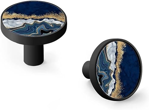 Paquete de 4 pomos redondos de aleación de zinc, manijas de tocador de ágata azul con venas doradas, tiradores de mármol blanco para cajones de