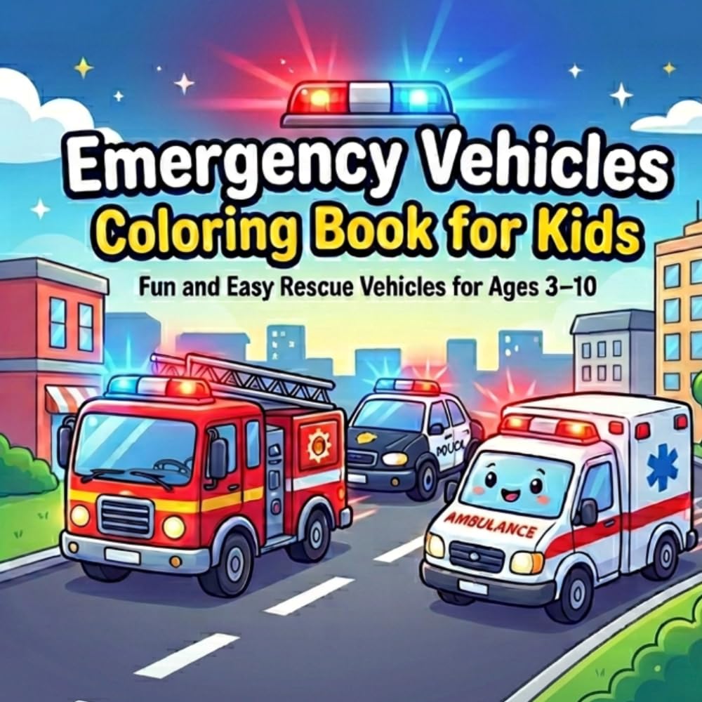 Emergency Vehicles Coloring Book for Kids: Fun and Easy Rescue Vehicles for Ages 3–10 | Fire Trucks, Police Cars, Ambulances and More
