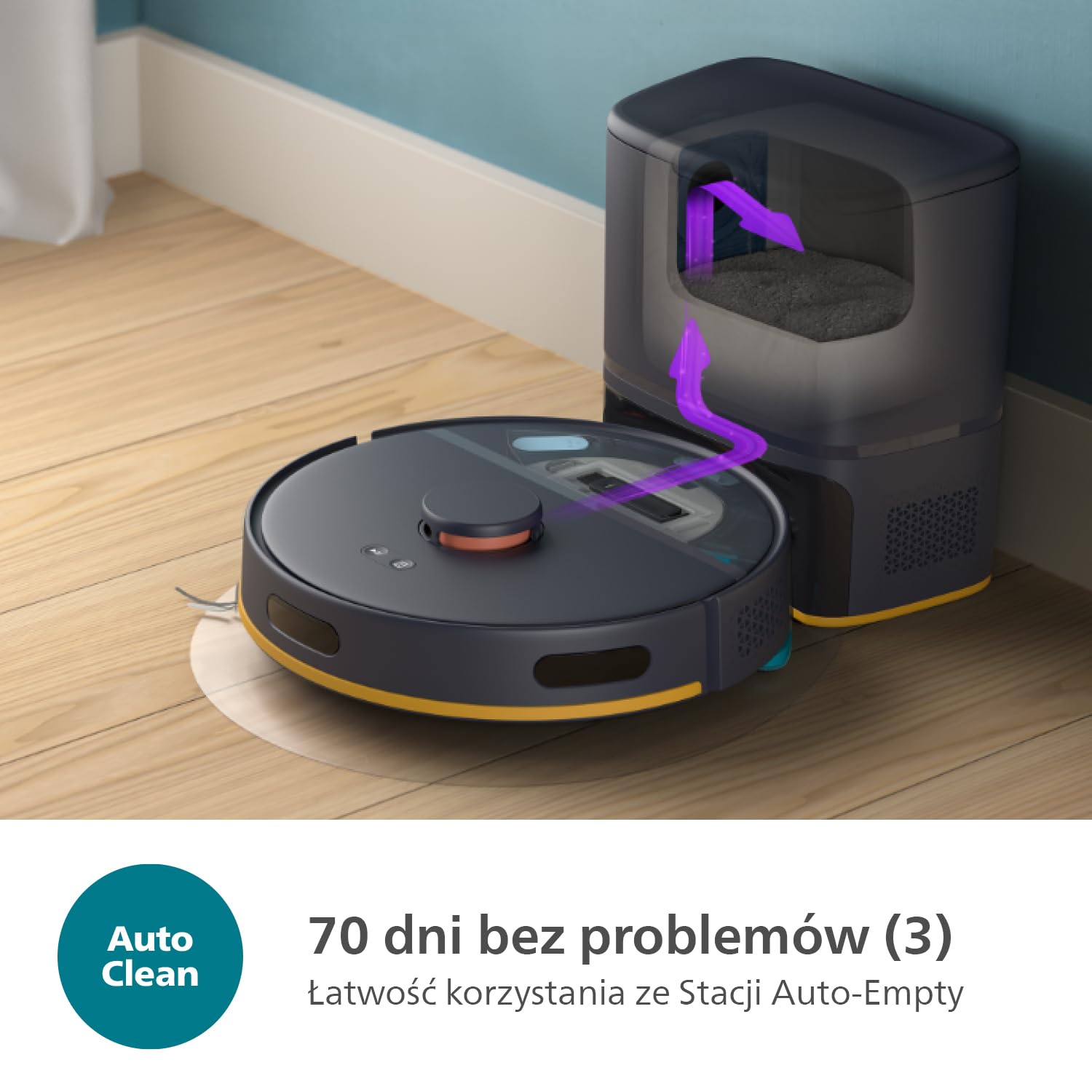 Philips HomeRun seria 2000: Robot Odkurzający i mop 2w1 o mocy ssania 2700 Pa i czasie pracy 130 min, z nawigacją laser., samo-opróżnianą stacją, z aplikacją, kolor ciemnoniebieski (XU2100/10)