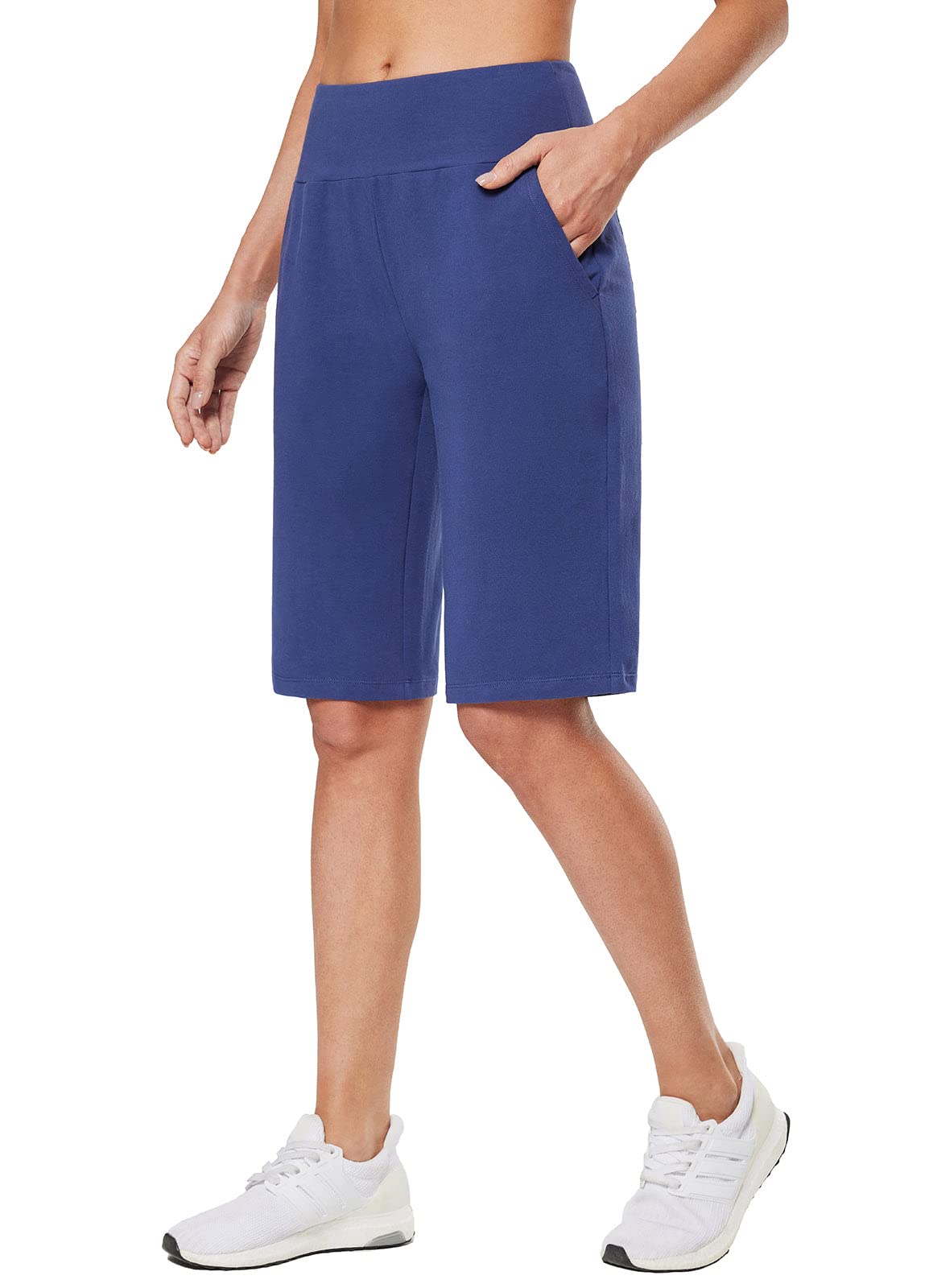 BALEAF Pantalones cortos de algodón hasta la rodilla para mujer, bermudas con cintura elástica, con bolsillos, para sudor, casual, trabajo, sala de estar