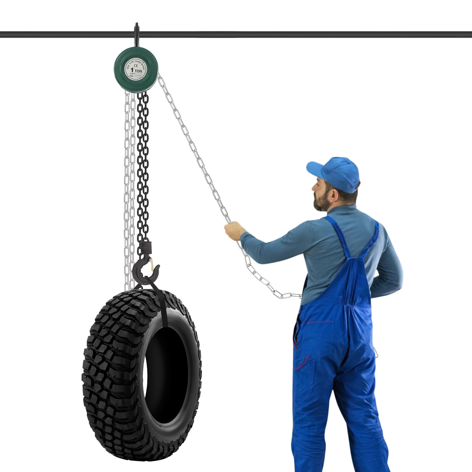 Paranco manuale a catena 1 tonnellata (1000 kg), portata – 3 m di altezza di sollevamento, gancio di sicurezza girevole a 360°, robusto paranco per officina, cantiere e trasporto, verde
