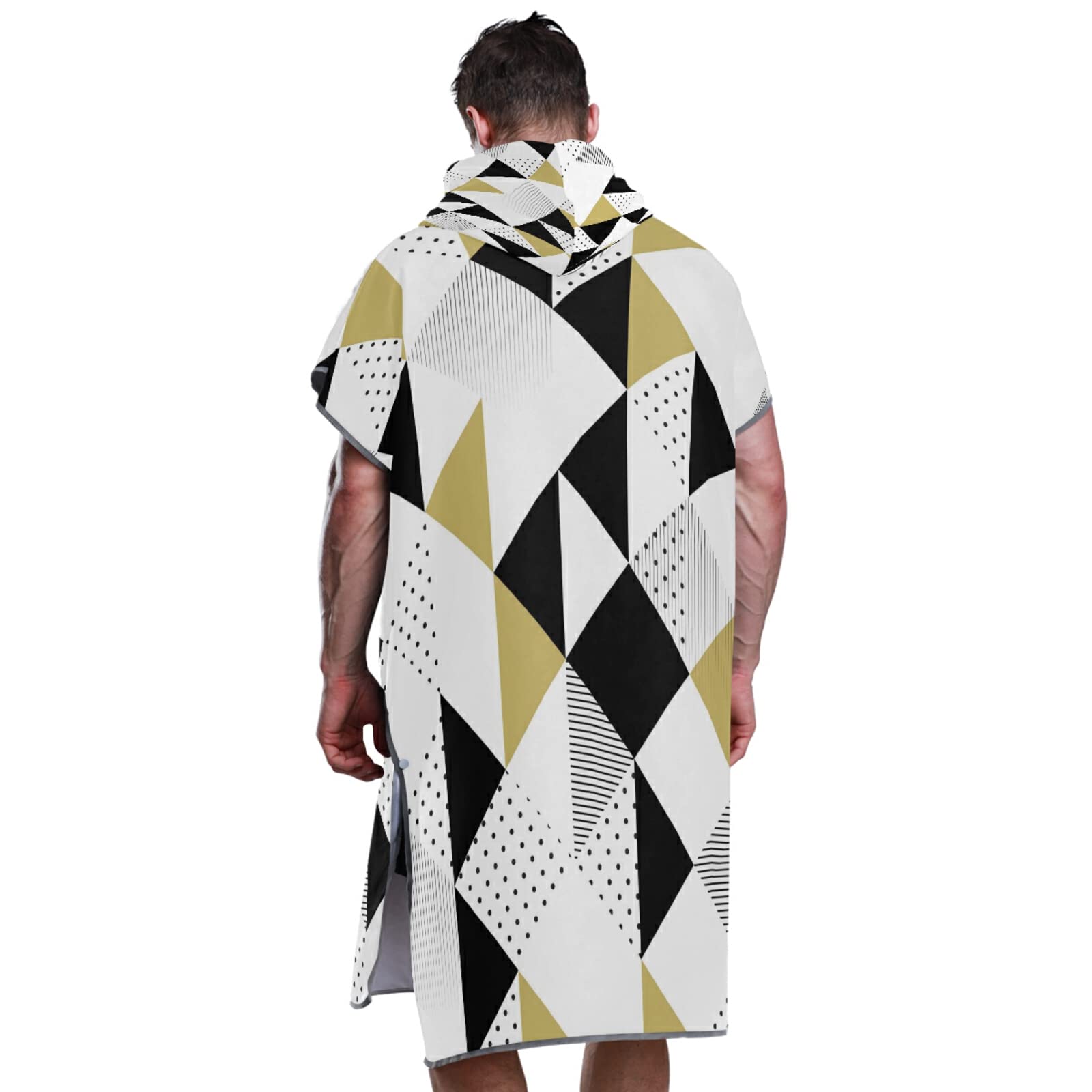 Badeponcho mit Kapuze und Tasche, schnelltrocknender Bademantel, Mikrofaser-Handtuch, Neoprenanzug für Bad, Strand, Outdoor, goldfarben / Schwarz / Weiß mit schwarzen Punkten, geometrisches Muster