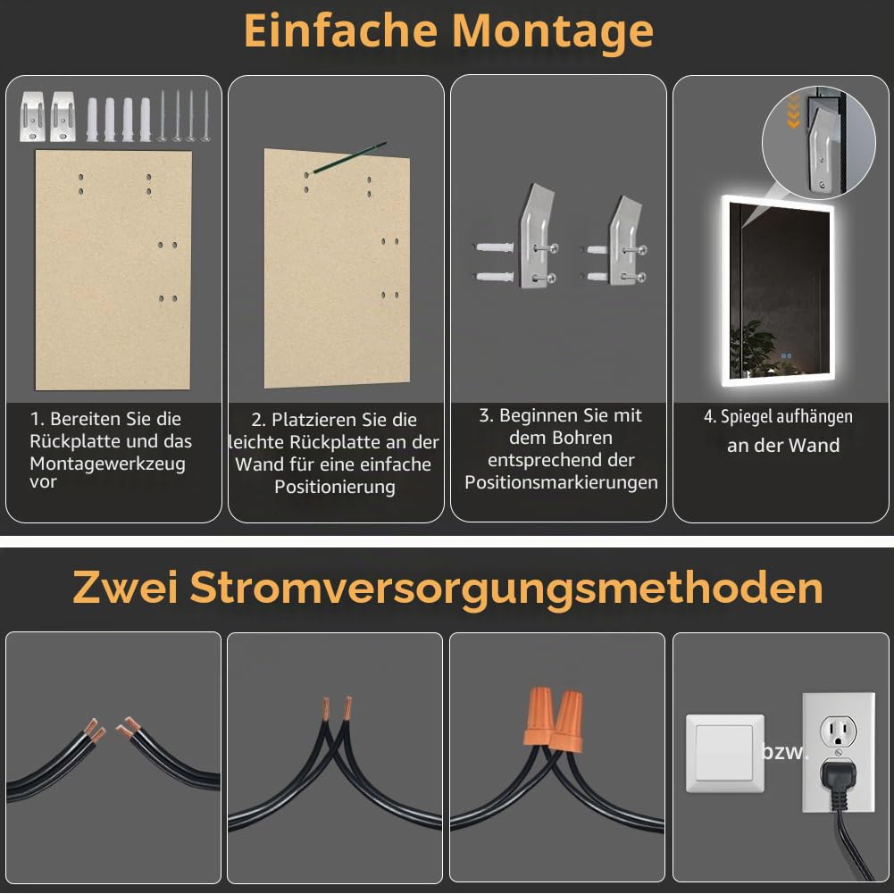badezimmerspiegel mit Beleuchtung, Sandstrahl-Design led Spiegel Bad, 3 Farbtemperaturen, Dimmbar, Entfogging, Memory-Funktion, Modernes Design, HD, Touch-Schalter
