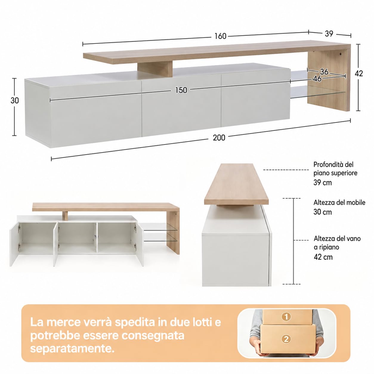 Mueble TV LED 200 Cm, Muebles TV con Estante De Cristal, Mueble TV para Salón, Banco TV Moderno De Madera con 3 Armarios, Armario Bajo para Salón, Blanco