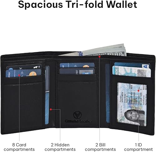 Miniatura 3 de Cartera de cuero genuino con bloqueo RFID, delgada, tripartita, para hombres, con ranuras para 7 tarjetas+1 ventana de identificación+2