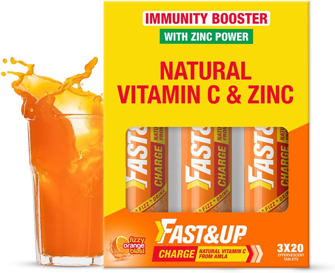 - Fast&Up Charge Natural Vitamin C - 60 Effervescent Tablets, Amla Extract + Zinc for Daily Immunity | Helps to boost & Strengthens Collagen for Healthy Skin, Hair & Nails- Orange Flavour