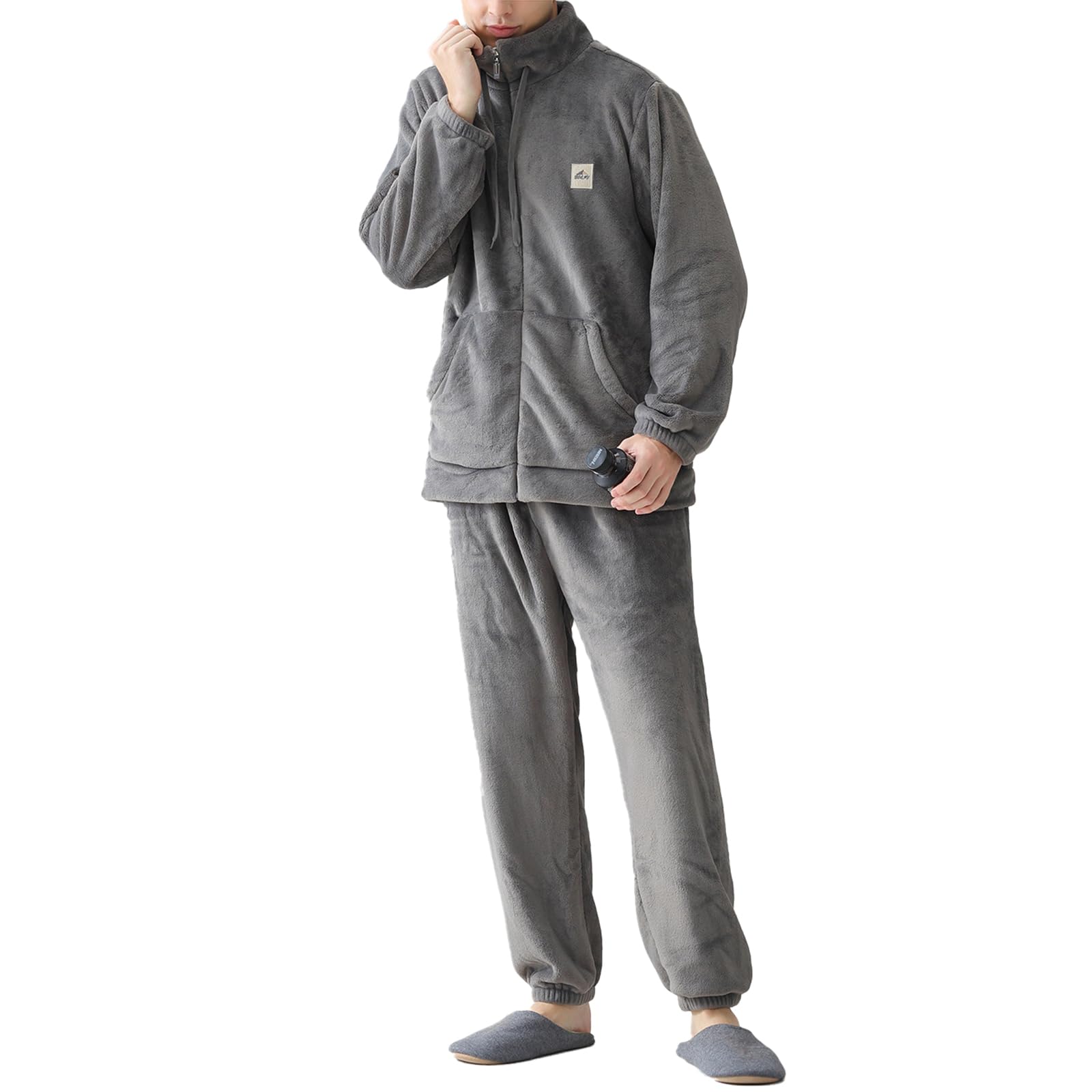 2-Piece Hommes Peluche Polaire Pyjamas Pyjamas Vêtements de Nuit Chaud Confortable Manches Longues Zip up Top & Bottom