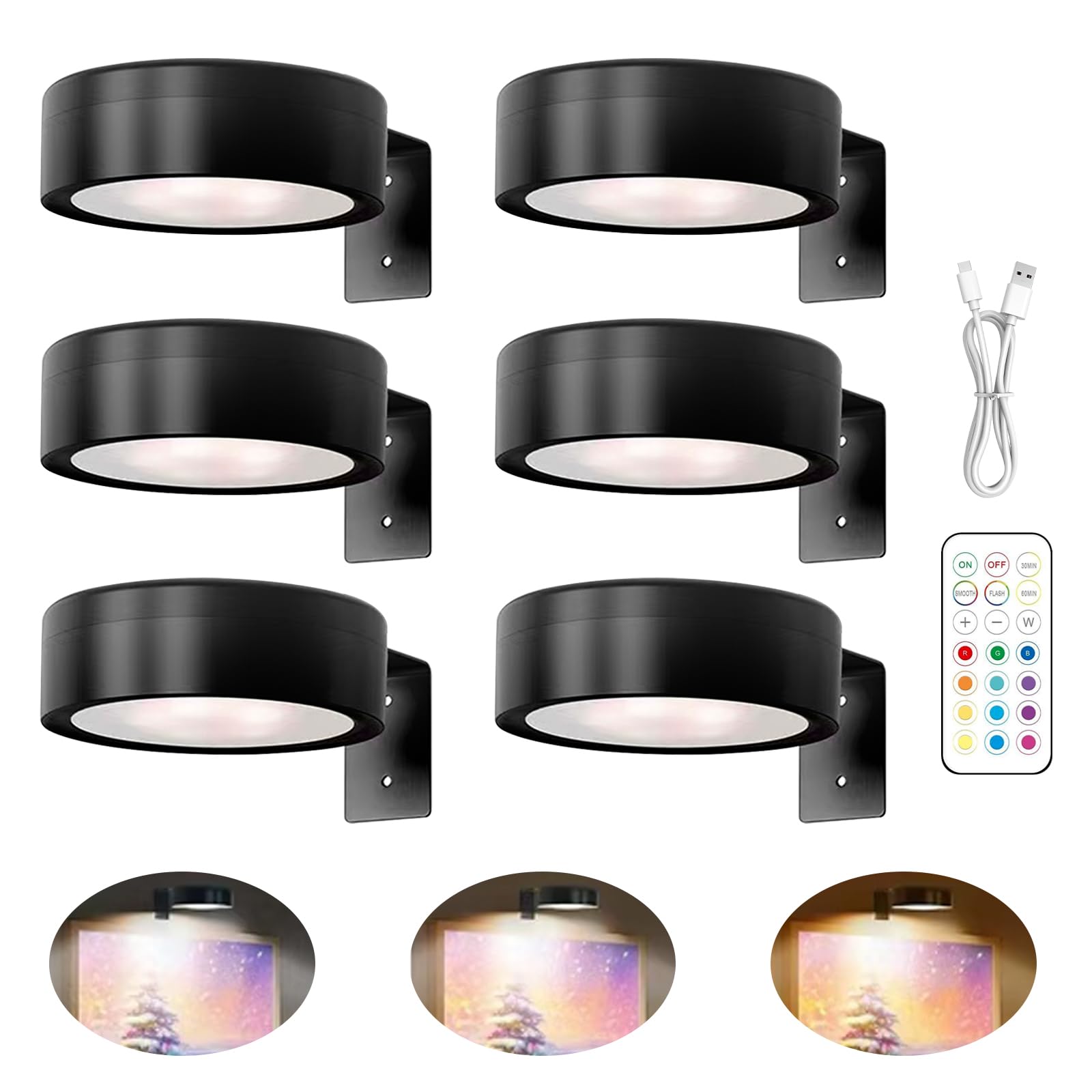 TECKZOON 6 Pcs Wireless Magnetic Picture Lights with Remote Control, 13 Lighting Modes & No Drilling Installation, Battery Operated Picture Frame Lights for Wall Art/Photos/Paintings, Black