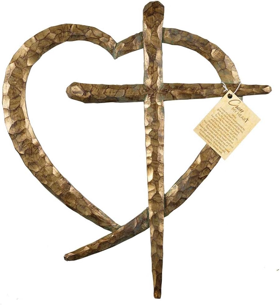 Dicksons Cross and Heart Intertwined Patina Bronze Tone 12 x 13.5 Resin Stone Wall Sign Plaque