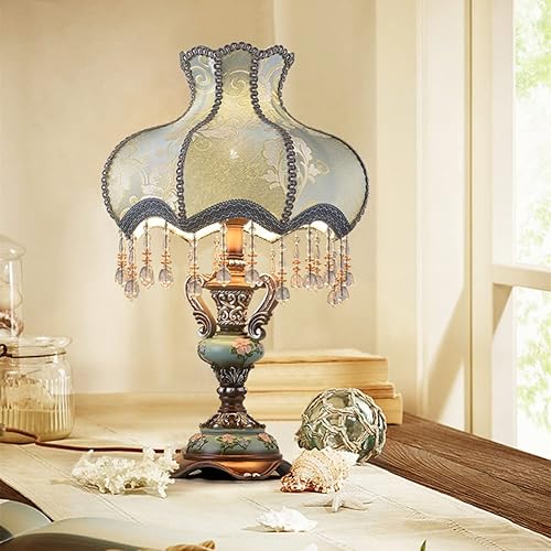 Miniatura 7 de Antique Victorian Lamp Blue Fabric Table Lamp European Pastoral Nightstand Lamp Vase Shape 1 Head Flower Floral Table Light with Beaded Fringe and
