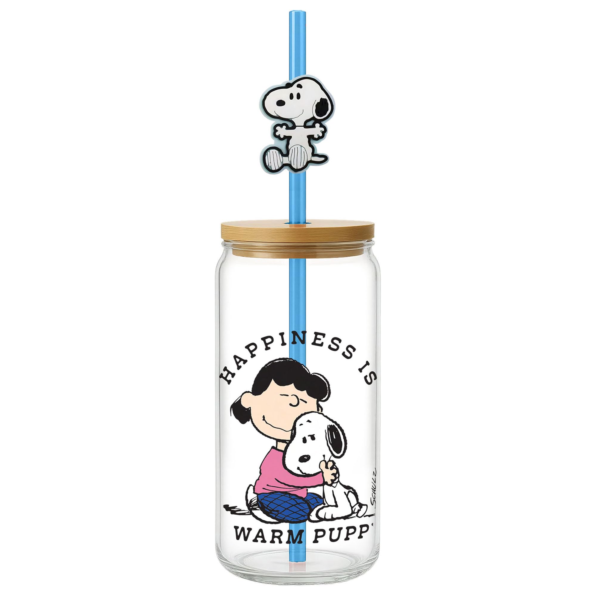 Spoontiques Snoopy Happiness Glass W/Lid And Straw Charm, 20Oz - 6.75” Tall Decorative Glass, Straw Included, Ideal For Hot & Cold Beverages