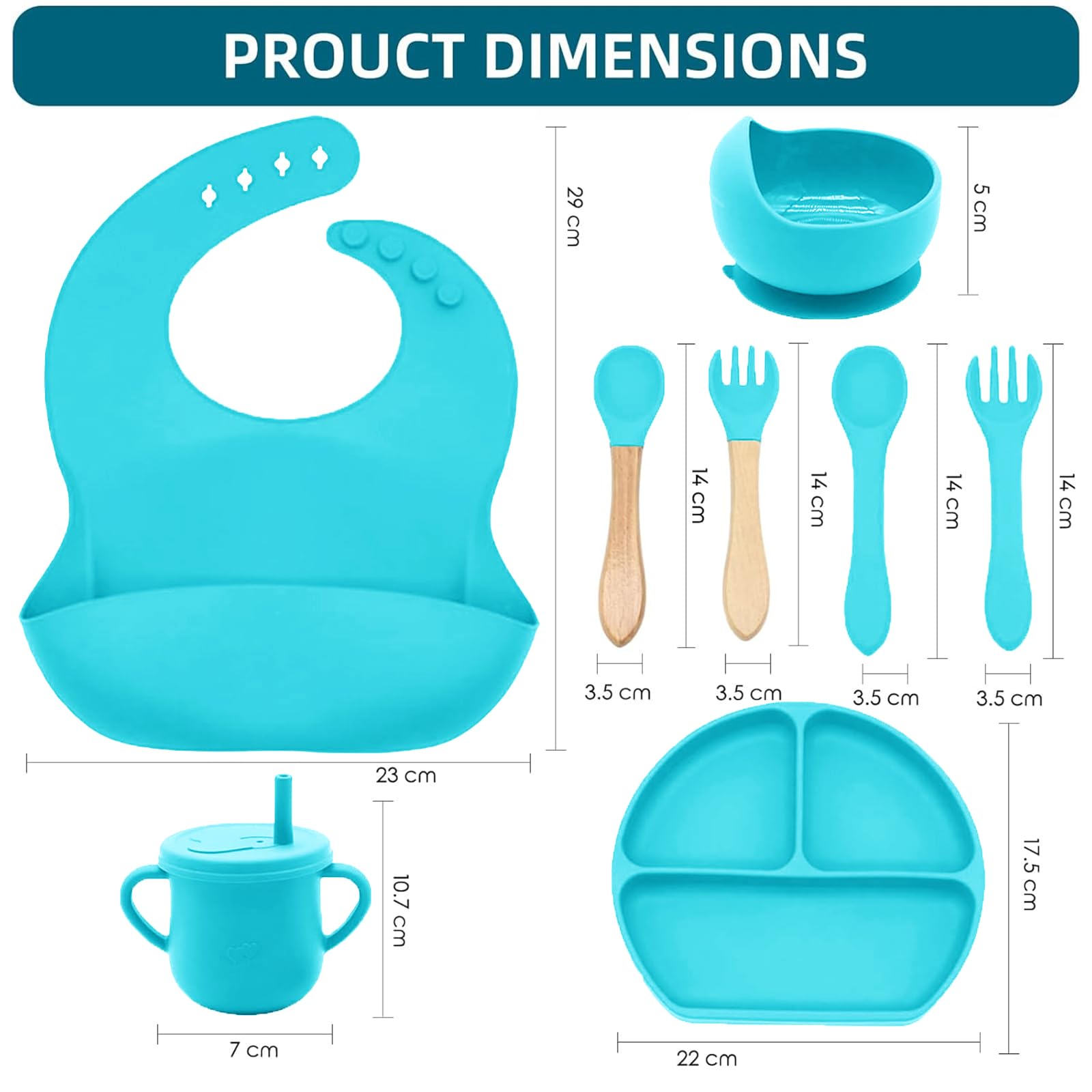 100% Silicone baby feeding set,BPA free Baby dishes set with Suction Bowl Divided Plate,Toddler Self Feeding Dish Set with Spoons Forks Sippy Cup And Bib, Baby Eating Utensils (Cyan Blue)