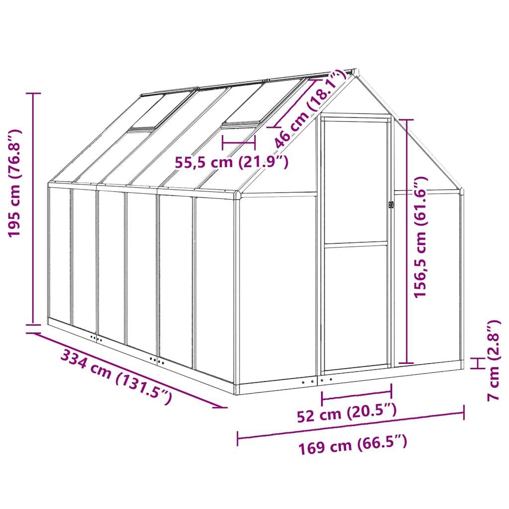 Invernadero con marco de base de aluminio 334 x 169 x 195 cm, placas de policarbonato de 4 mm, puerta batiente y ventana de ventilación, resistente a la intemperie para hortalizas, siembra de