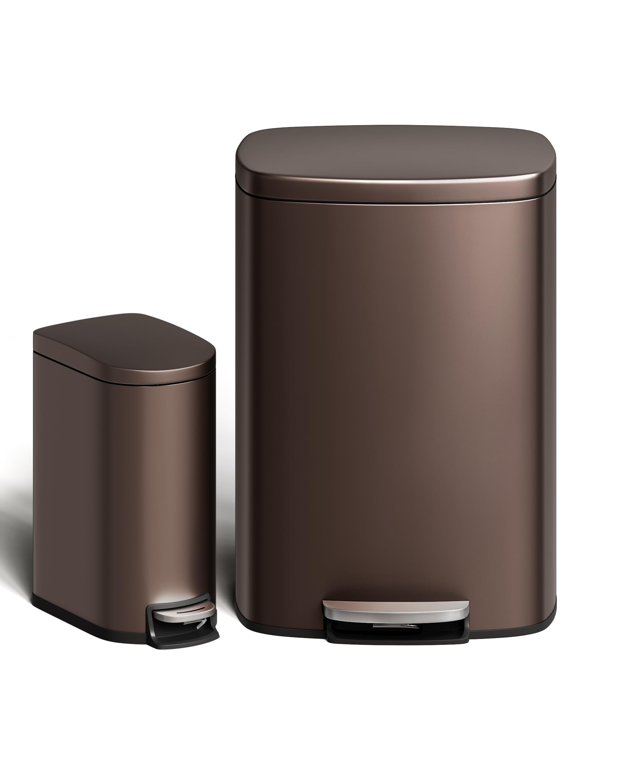 Edelstahl-Mülleimer Set 50 L + 10 L, rechteckiger Treteimer mit Soft-Close-Deckel, herausnehmbare Inneneimer, geruchsmindernd, schlank, mit Tragegriff – Braun