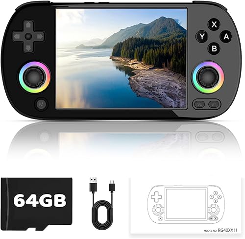 Miniatura 1 de Consola de juegos de mano retro con pantalla IPS de 4.0 pulgadas, tarjeta TF integrada de 64 GB y sistema Linux, joystick de iluminación RGB,