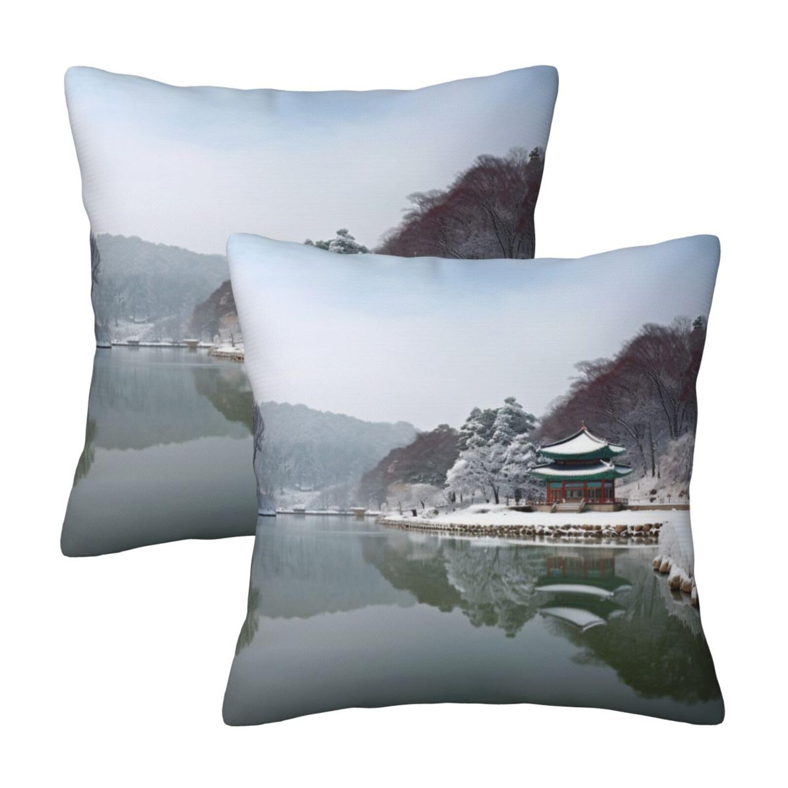Korea Winter Lake Throw Pillow Cases 2 Pack Square Pillowcases Soft Pillow Protectors for Couch Livingroom Sofa Bed Office Car,30x30 CM