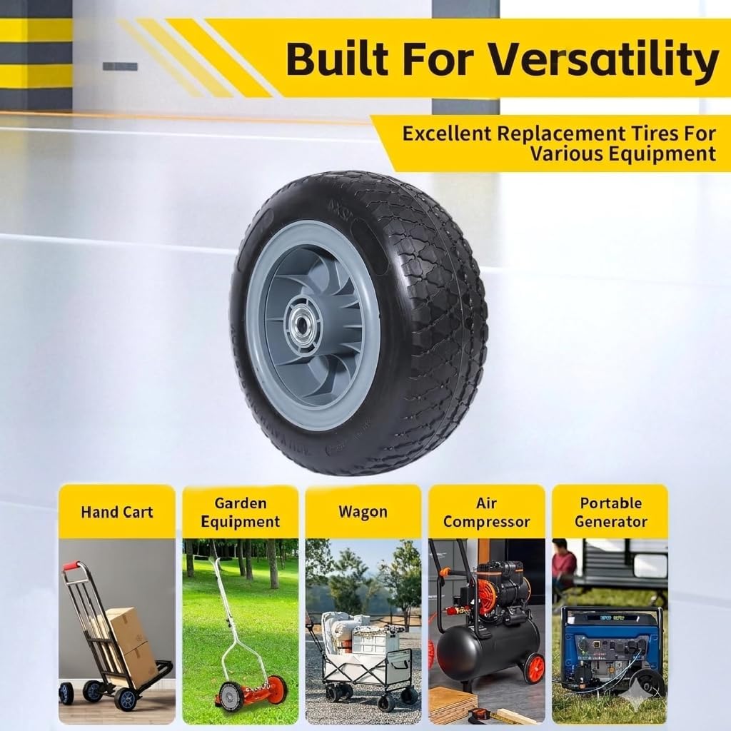 MaxxHaul 51195 12" Solid, Flat Free PU Tire and Wheel, with 5/8" Axle Bore Hole, 4" Wide with 3.0" Offset Hub for Hand Truck Garden Wagon Cart Trolley Dolly Lawn Mower Replacement Tire – 1 Pc
