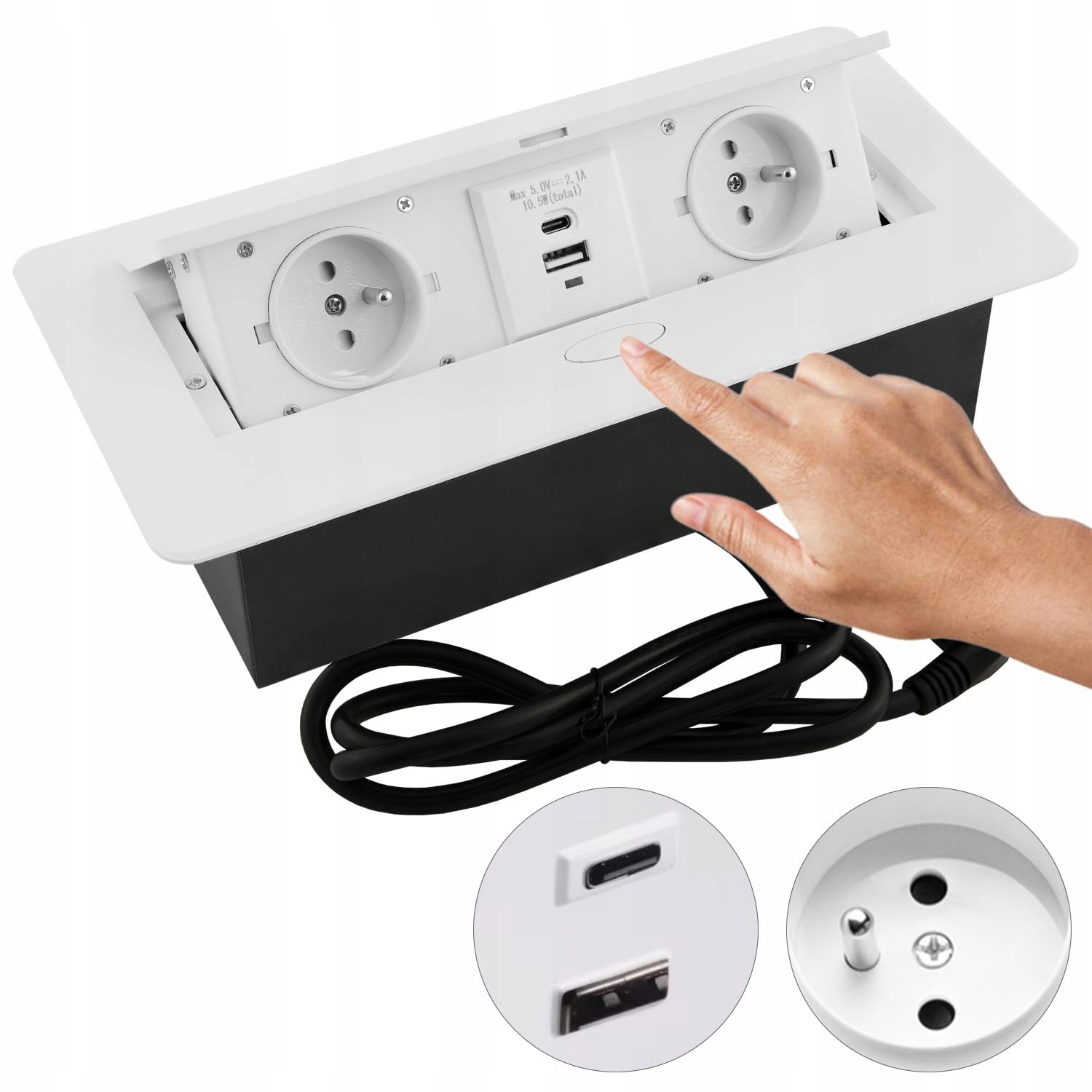 GNIAZDO NABLATOWE WPUSZCZANE CHOWANE W BLAT USB USB-C KLIKANE 230V BIAŁE