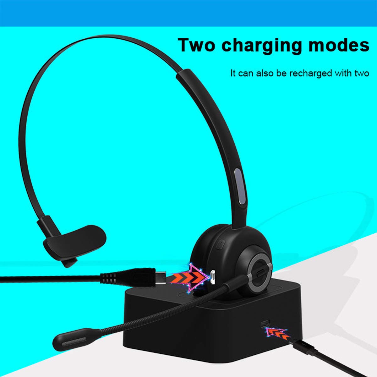 Casque Bluetooth Mono avec Microphone - sans Fil, Station de Charge Dock, Mains Libres, Réduction de Bruit, Rotation 300°