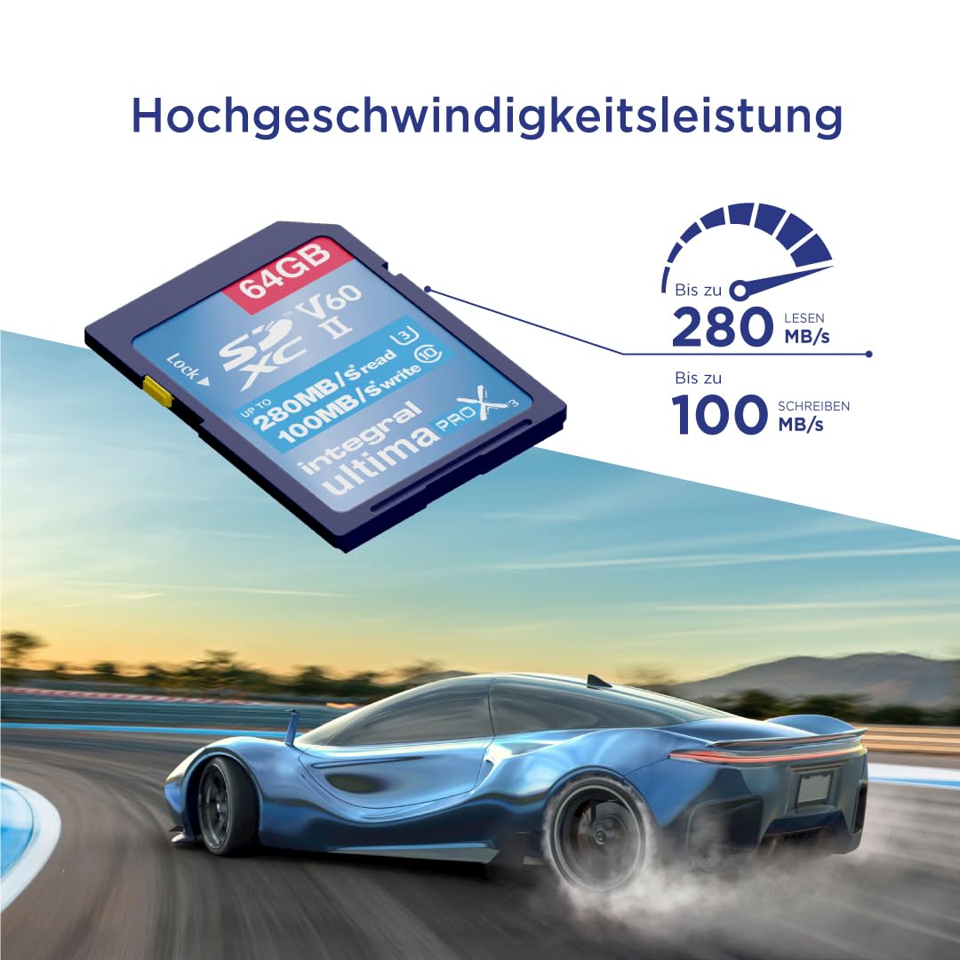 Integral Scheda di memoria SDXC professionale ad alta velocità da 64 GB UHS-II V60 fino a 280 MB in lettura e 100 MB di velocità di scrittura, 1733X SDXC