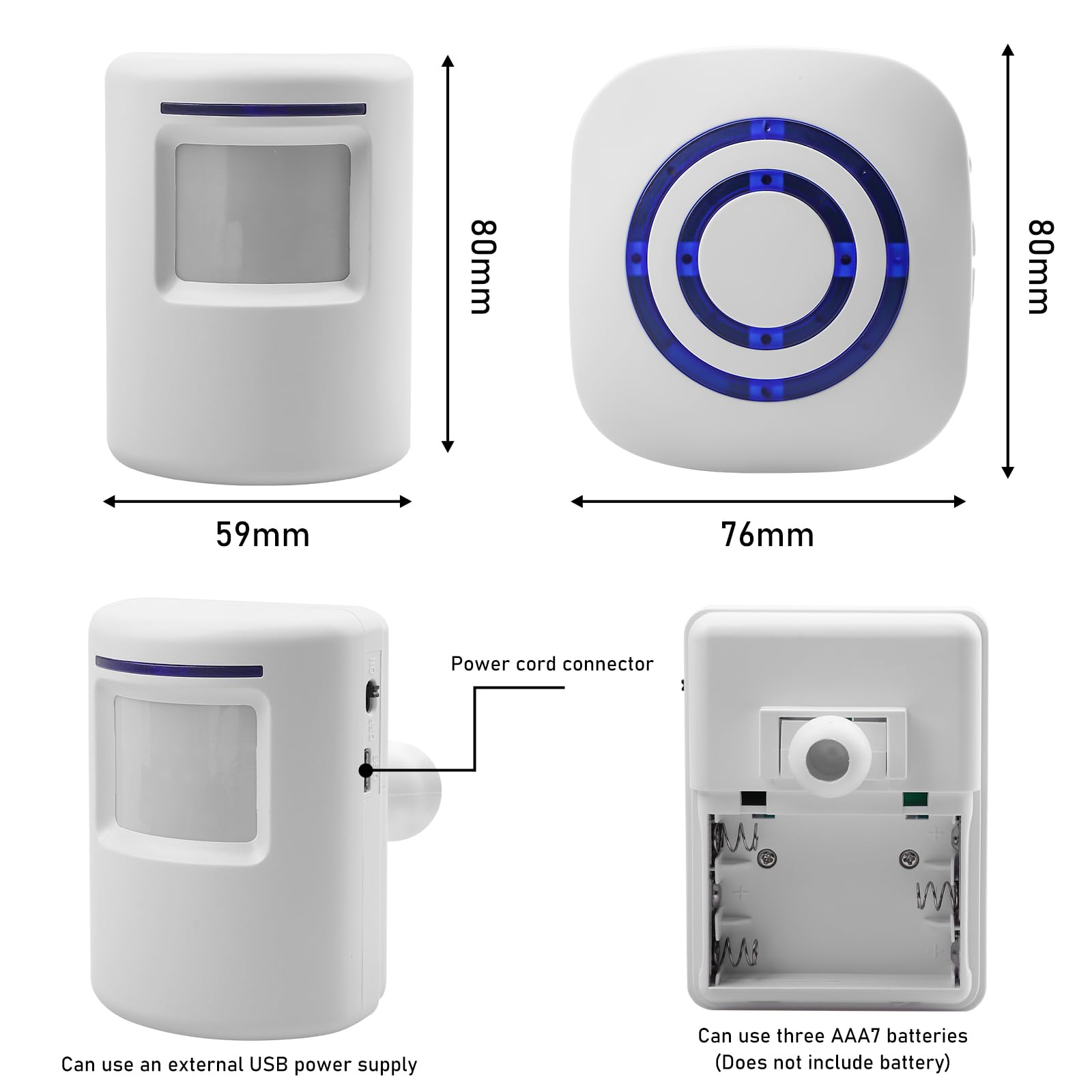 Zestaw czujników przejścia, zestaw z 4 elektronicznymi odbiornikami plug-in, 2 czujniki ruchu PIR, radiowy system alarmowy do sklepu, kampera, domu, garażu