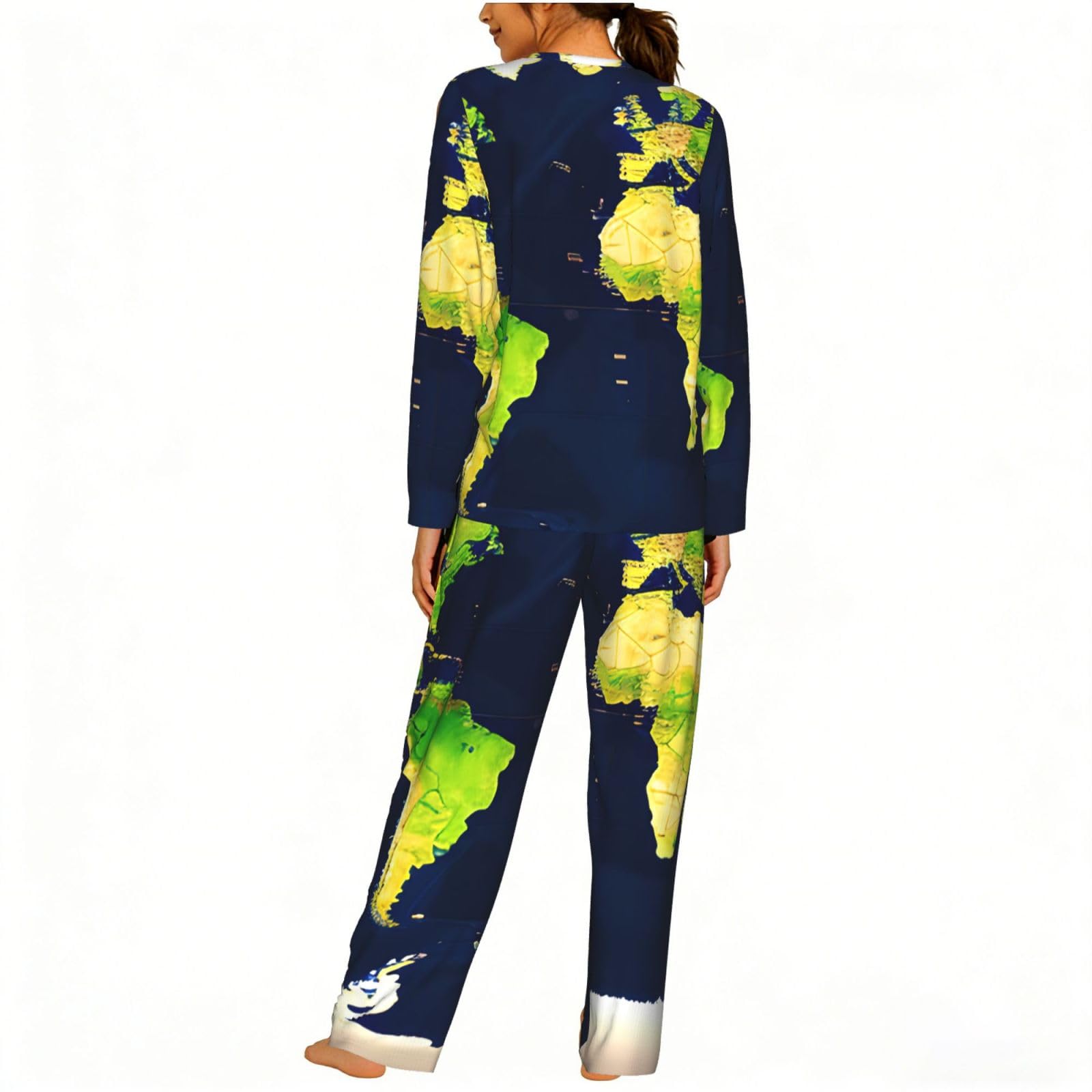 Pigiama da donna a maniche lunghe con stampa mappa del mondo, morbido, da spiaggia, vacanze, biancheria da notte, regalo casual