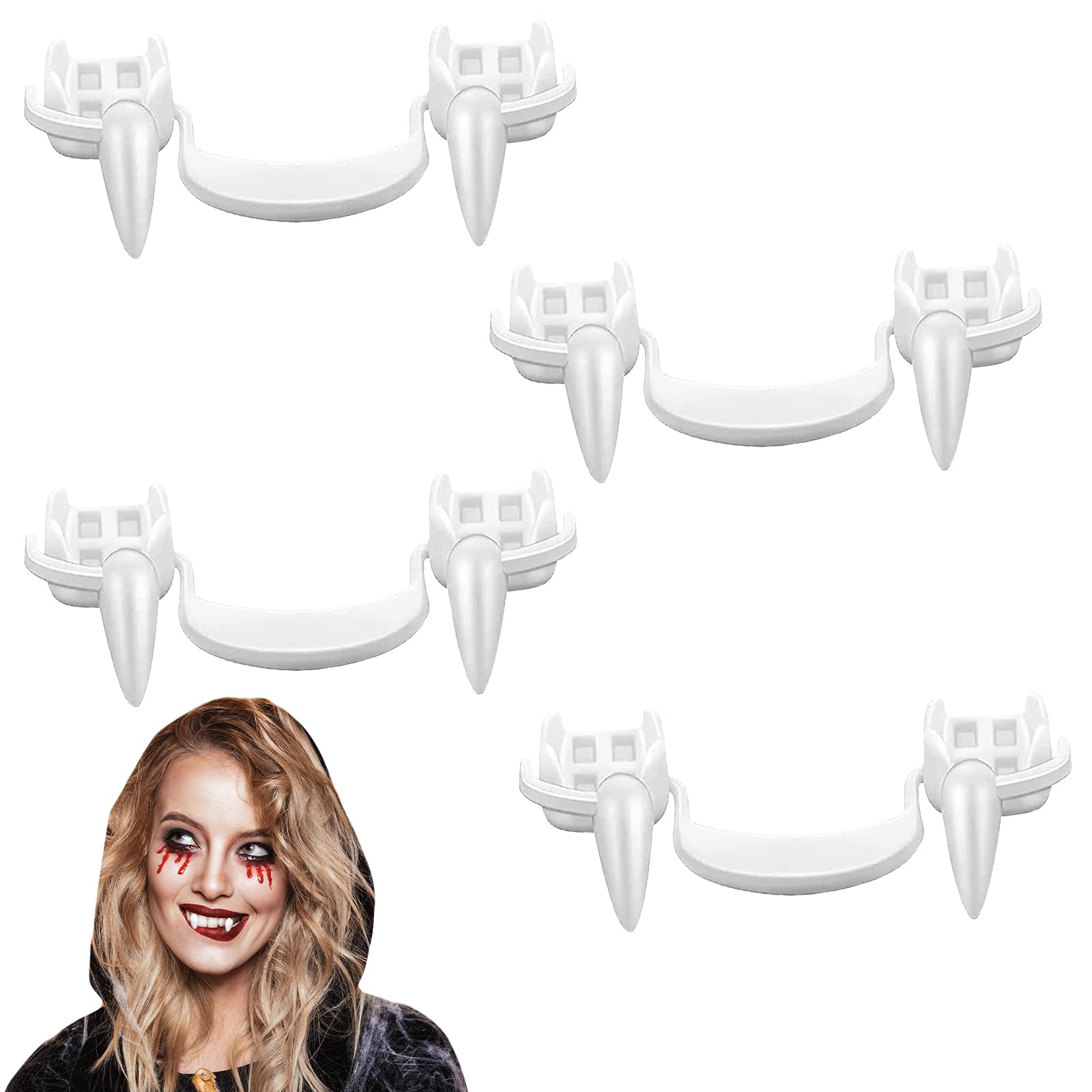 Retractable Vampire Teeth, 4 Pairs Reusable Vampire Canines, Fake Canine Realistic Vampire Fangs for Kids Adults Halloween Party Role Play Props