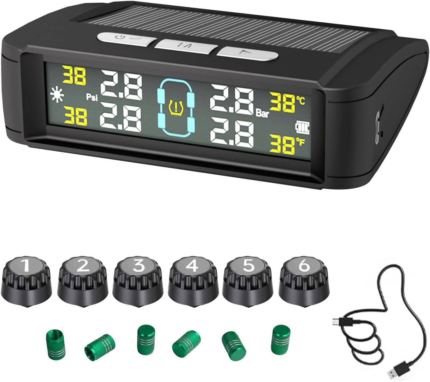 Tire Pressure Monitoring System TPMS Wireless Tire Pressure Monitor with 6 External Sensors, Solar/USB Charge, 0-87 PSI, Universal Fit for RV SUV Truck - with Extra 6 Tire Valve Stem Caps