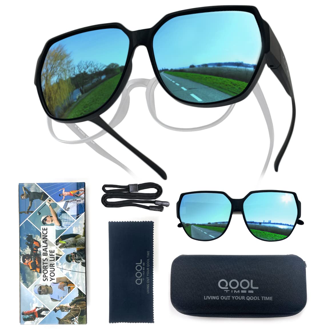 QOOL TIMES Living out your 33 HD Polarized Fit Over XL Occhiali da sole grandi leggeri per donne e uomini, protezione UV, tondi per la guida, T21033 Nero/Blu, XL