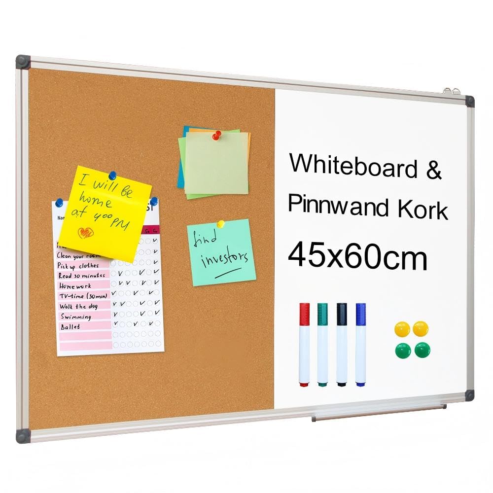 XIWODE Magnetic Whiteboard & Cork Notice Board – 2-in-1 Combination Board: Magnetic Board 60 x 45 cm, White Wipe-Clean Magnetic Board, Cork Wall Including Accessories for Hanging on the Wall for Home