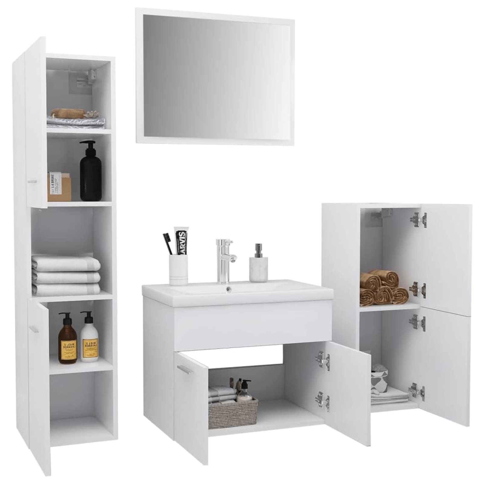 Homgoday Set Mobili da Bagno Bianco in Truciolato, Credenza Armadio Armadietto da Pavimento per Bagno Mobiletto Portaoggetti Ripiani Armadio di Stoccaggio per Camera Ufficio k