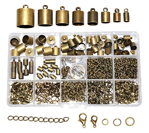 Cord End Cap for Jewelry Making, Kumihimo End Cap Finding Kit for Leather, Tassels; Antique Brass Assorted Sizes 840 PCs by Mandala Crafts